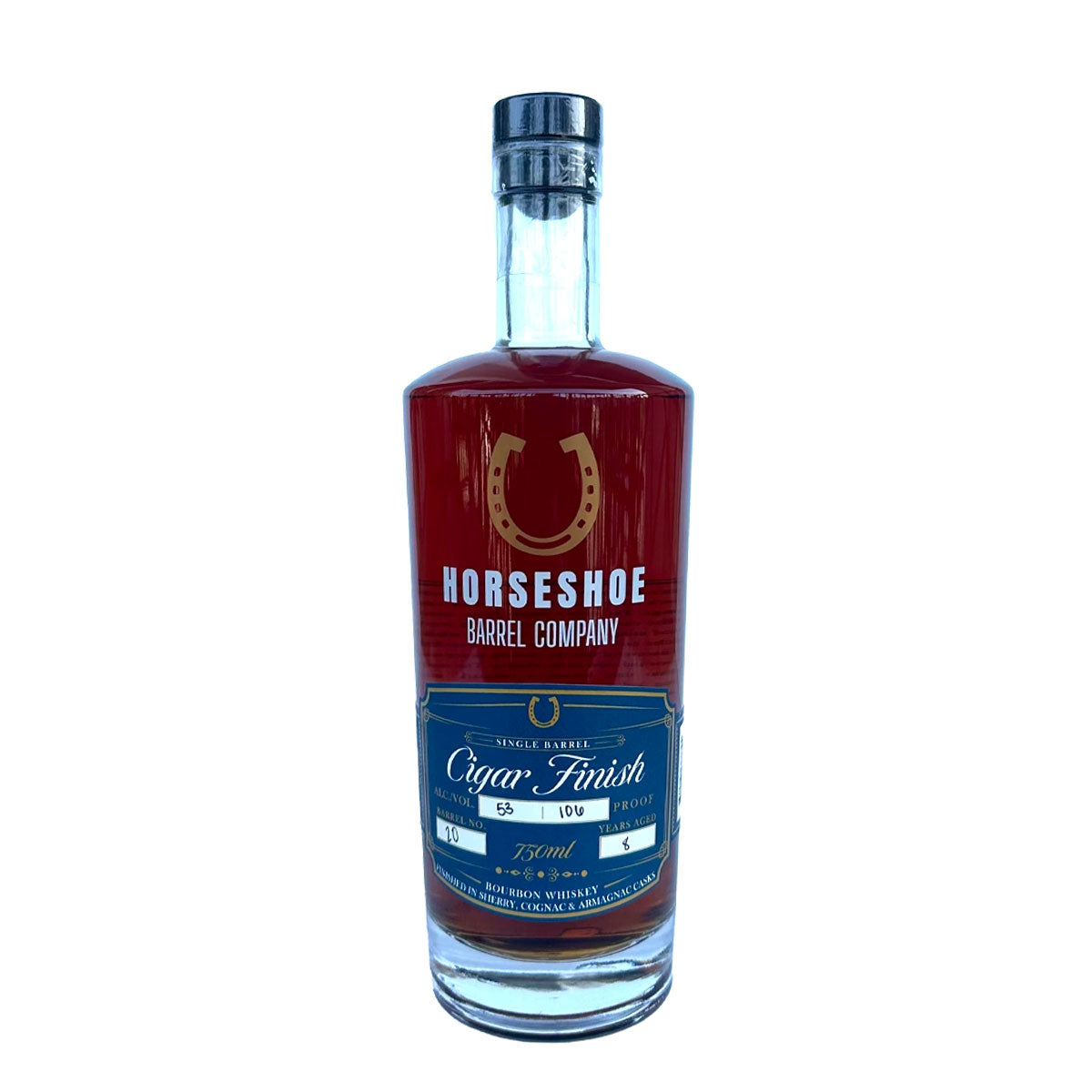 Bottle of Horseshoe Barrel Company Bourbon Whiskey Single Barrel Cigar Finish 750ml 8 Years 106 Proof